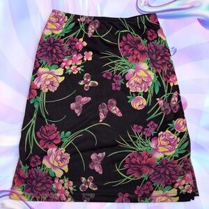 vtg y2k my michelle boho chic whimsygoth aop micro mesh midi skirt, sz jrs sm